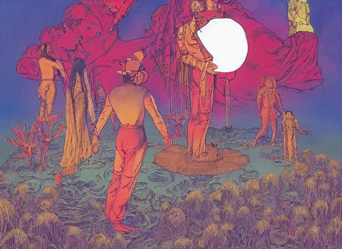 Image similar to a surreal scene from a feature film by wong kar - wai, alejandro jodorowsky and kenneth anger : : magical pagan ritual, retro sci - fi : : a storyboard drawing by moebius, ink and watercolor 8 k