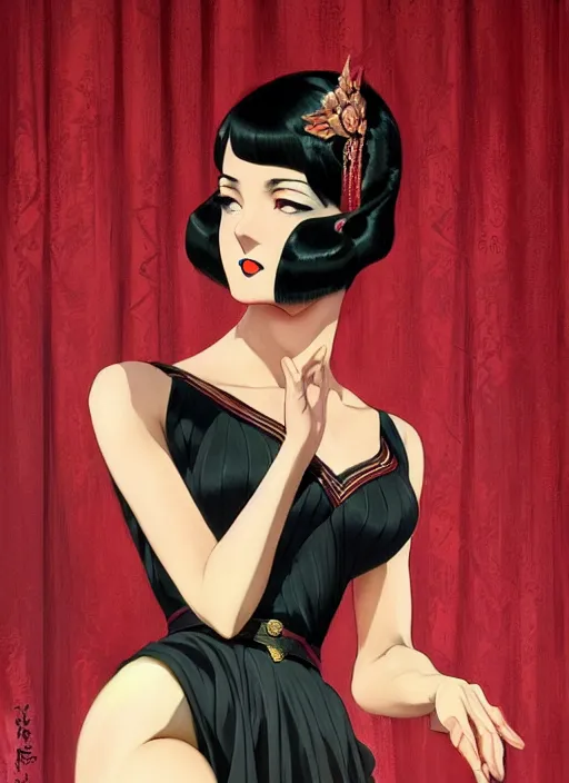 Image similar to a beautiful dancer with black hair in 1930's fashion, ballroom background, intricate, highly detailed, digital painting, artstation, official media, anime key visual, concept art, rich vivid colors, ambient lighting, sharp focus, illustration, art by Artgerm, Makoto Shinkai, Ilya Kuvshinov, Lois Van Baarle, and Rossdraws