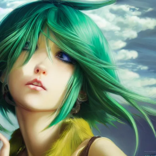 Image similar to A Beautiful Anime girl with Green hair and Yellow eyes, detailed, centered, digital painting, artstation, concept art, donato giancola, Joseph Christian Leyendecker, WLOP, Boris Vallejo, Breathtaking, 8k resolution, extremely detailed, beautiful, establishing shot, artistic, hyperrealistic, beautiful face, octane render, cinematic lighting, dramatic lighting, masterpiece