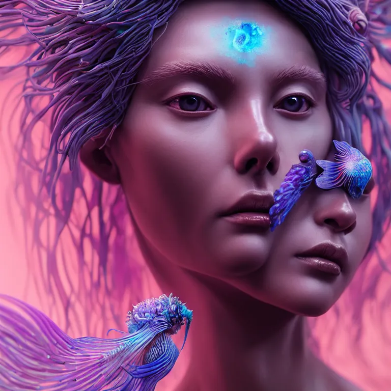 Image similar to goddess full painted acryllic sculpture close-up portrait. orchid bird phoenix jellyfish betta fish, intricate artwork by Tooth Wu and wlop and beeple. octane render, trending on artstation, greg rutkowski very coherent symmetrical artwork. cinematic, hyper realism, high detail, octane render, 8k