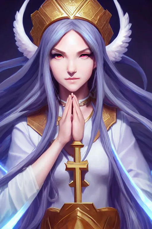 Prompt: a saint noble high priestess pray for god as a league of legends character, angelic light, fantasy clothes, blue eyes, priestess key visual, masterpiece, cg animation, riot enterainment, arcane, realistic, hyper detailed, hyper detailed face, character select portrait, 3 d, by artgerm, rossdraws, drew struzan, justin gerard