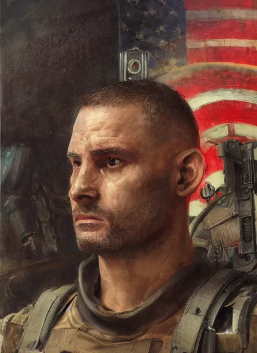 Prompt: bob stubbins. cyberpunk USN marine wearing a military vest and combat gear. (Cyberpunk 2077, bladerunner 2049, rb6s). Round face. Iranian orientalist portrait by john william waterhouse and Edwin Longsden Long and Theodore Ralli and Nasreddine Dinet, oil on canvas. Cinematic, hyper realism, realistic proportions, dramatic lighting, high detail 4k