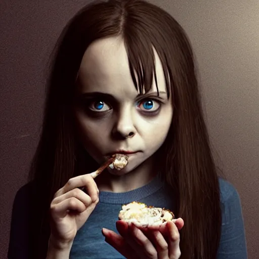 Image similar to young zombie christina ricci eating a clove of garlic, art by beeple