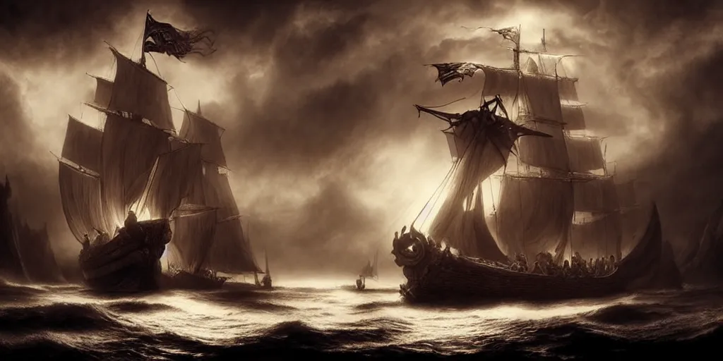 Image similar to vikings sailing a longship, by Rolf Armstrong and Evelyn De Morgan and Bastien Lecouffe-Deharme, dramatic lighting, high contrast colors, baroque, empyrean, panoramic view, as trending on Artstation, highly detailed, doom engine,