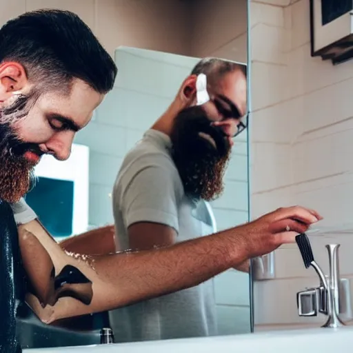 Image similar to man shaving beard into sink, beard hairs laying in the sink