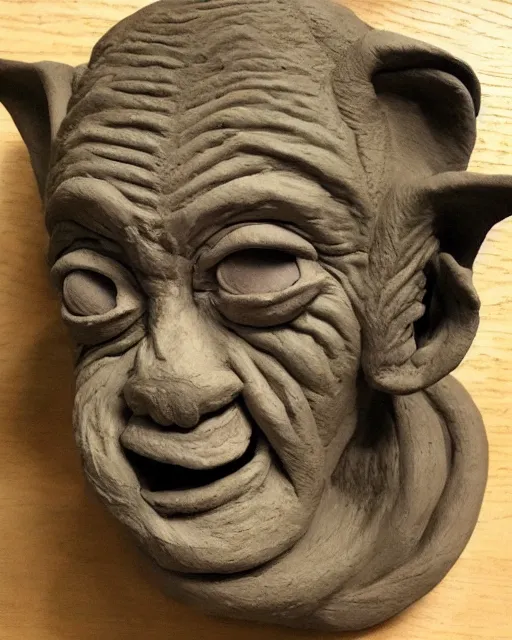 Prompt: 'history textbook with a picture of a clay sculpture of a goblin' clay sculpture, photograph, zoomed out, trending on tumblr, textbook pages