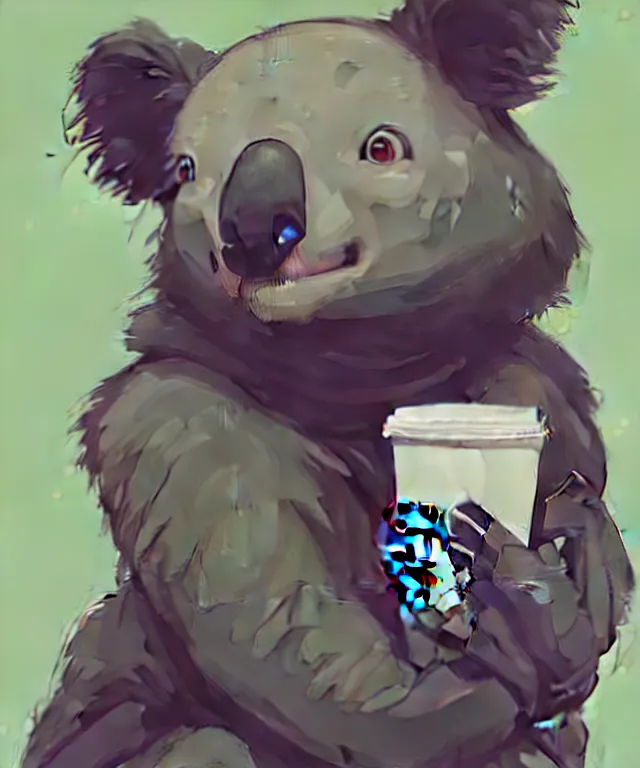 Image similar to a portrait of an anthropomorphic koala holding a starbucks coffee, cyberpunk!, fantasy, elegant, digital painting, artstation, concept art, matte, sharp focus, illustration, art by josan gonzalez