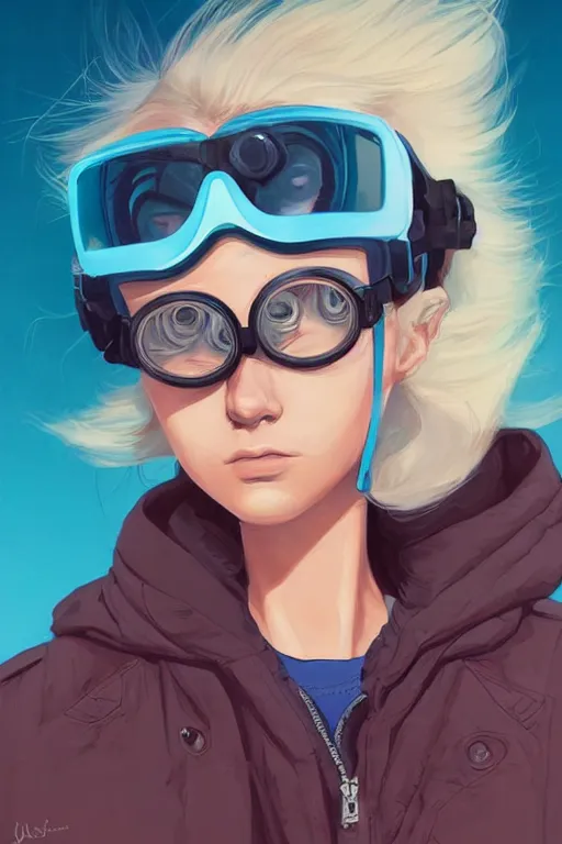 Image similar to portrait painting of a teenage girl with swept back wild blue hair, fashionable, windy, goggles, sharp focus, award - winning, cinematic pose, cinematic lighting, trending on artstation, masterpiece, highly detailed, intricate. art by josan gonzales and moebius and deathburger