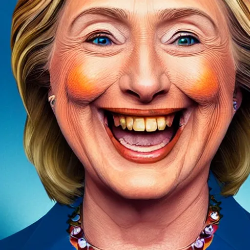 Prompt: portrait of president hillary clinton as a smiling laughing bright orange lizard person with bumpy skin, airbrush painting, hyper detailed, 8 k, photorealism.