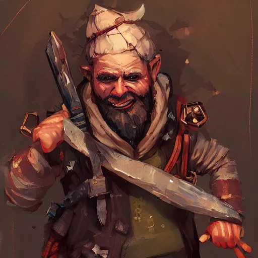 Image similar to deep gnome character portrait, by Ismail Inceoglu, shabby clothes, leather pouch, wielding knife, grinning, dungeons and dragons, digital art, character