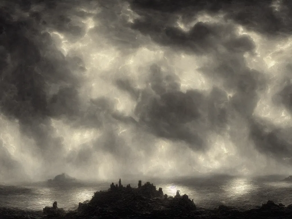 Prompt: very detailed, dark super storm, hyper realistic clouds, impressive, magical, very atmospheric, fog, cinematic, deep, very high complexity, stunning, dramatic masterpiece, iridescent, chiaroscuro, by gustave dore, caspar david friedrich, ian miller, very detailed. 4 k