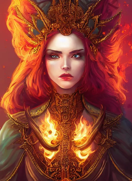 Prompt: a highly detailed character portrait of a beautiful female pyromancer radiating a majestic fiery aura, ornate royal robes, intricate, digital painting, artstation, intricate, concept art, smooth, sharp focus, illustration, deep vibrant colors