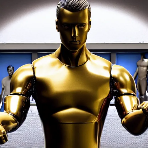 Image similar to a realistic detailed photo of a guy who is an attractive humanoid who is half robot and half humanoid, who is a male android, attractive and handsome soccer players, shiny skin, posing like a statue, blank stare, in a factory, on display, showing off his muscles, gold soccer shorts, side view, looking at each other mindlessly