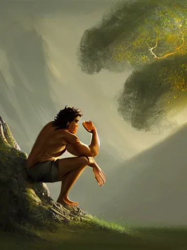 Image similar to a grumphy man, legs and arms crossed, sitting under a bodhi tree. intricate, elegant, highly detailed, digital painting, artstation, concept art, sharp focus, illustration, by justin gerard and artgerm, 8 k