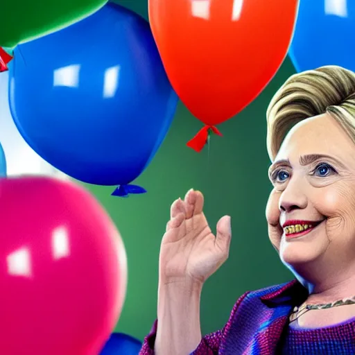 Image similar to Hillary Clinton with a lizard face looking at brightly colored balloons, photo, detailed, 4k