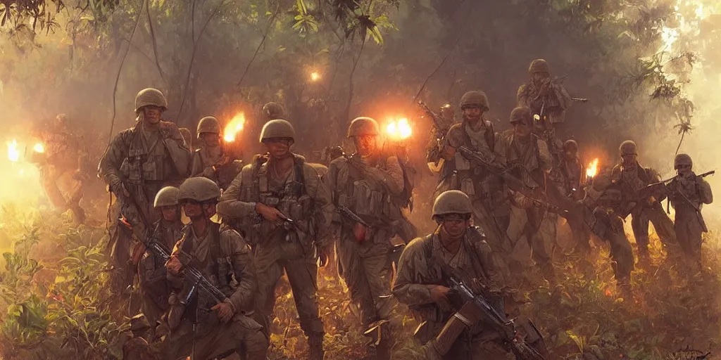 Image similar to a platoon of american soldiers on night patrol in the vietnamese jungle illuminated by napalm strike, beautiful, cinematic, art by artgerm and greg rutkowski and alphonse mucha and loish and wlop