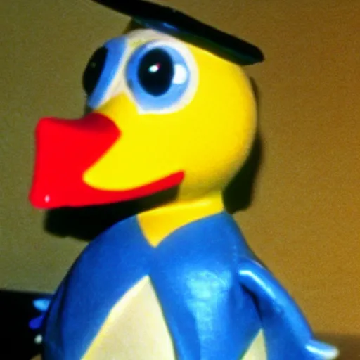 Prompt: duck creature, toy commercial from the 90s, vhs footage, haunted