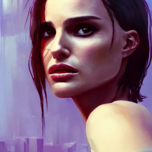 Image similar to closeup portrait of natalie portman from the movie leon the professional, city background, dramatic light, gorgeous view, depth, high detail, digital art, painted by greg rutkowski and seb mckinnon, by tim burton, trending on artstation