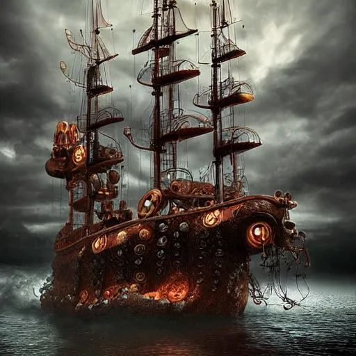 Image similar to A steampunk ship that looks like an octopus, digital art, hyperrealistic, epic, dramatic lighting