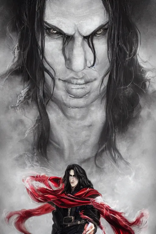 Prompt: a regal portrait of alucard set against a shadowy background by ayami kojima, detailed, photorealistic, volumetric lighting, studio lighting, cgi