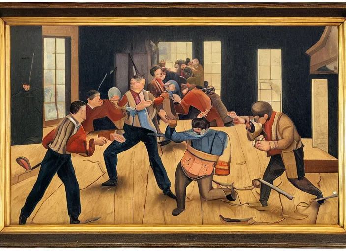 Prompt: painting of nerds fighting over who gets to vassalize pete buttigieg while working at netflix, regionalism style by grant wood