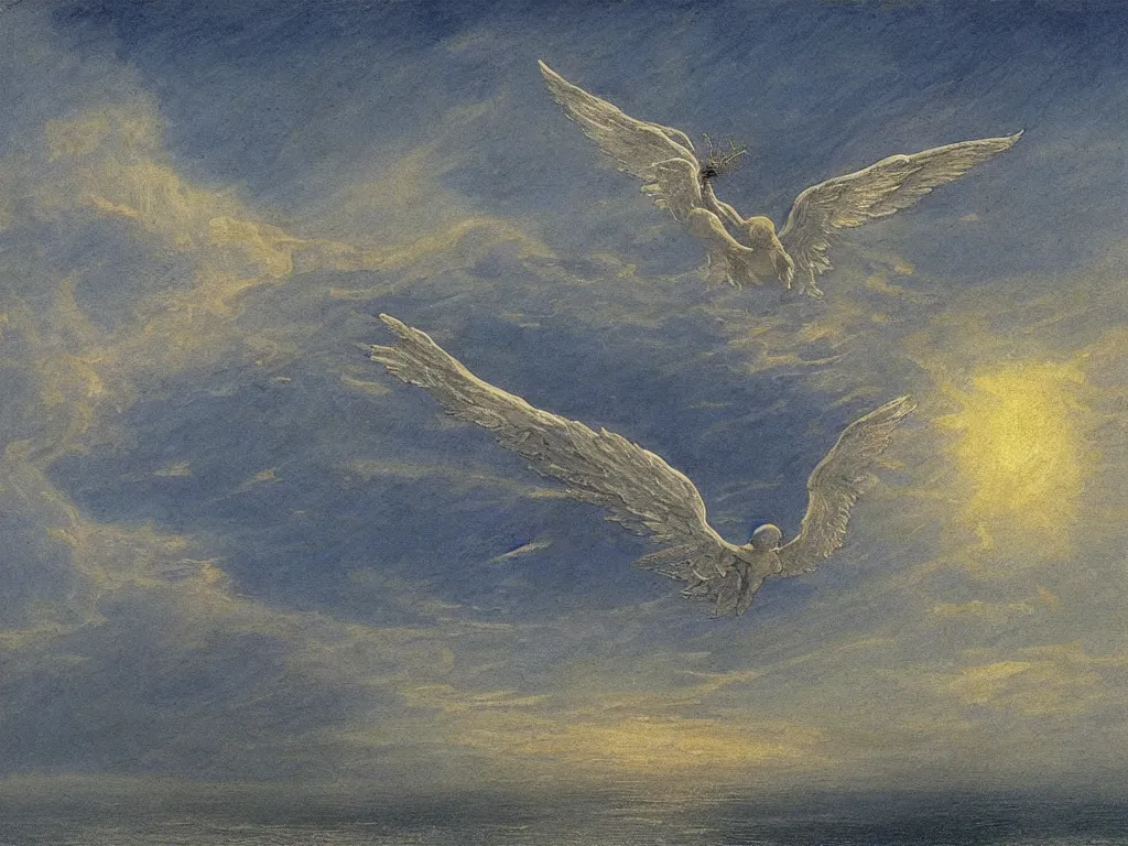 Image similar to thrones angel in the sky flying on the sea painted by caspar david friedrich