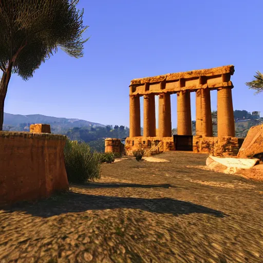 Prompt: Valle dei Templi, Agrigento, Italy in GTA V, in game screenshot, ultra detailed, 8K render