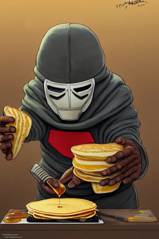 Image similar to mf doom making pancakes, animation pixar style, by pendleton ward, magali villeneuve, artgerm, rob rey and kentaro miura style, golden ratio, trending on art station