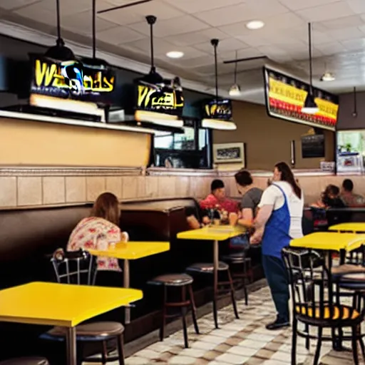 Prompt: busy wafflehouse interior with customers eating breakfast and wafflehouse employees serving food and cooking behind countertop bar that has customers sitting at