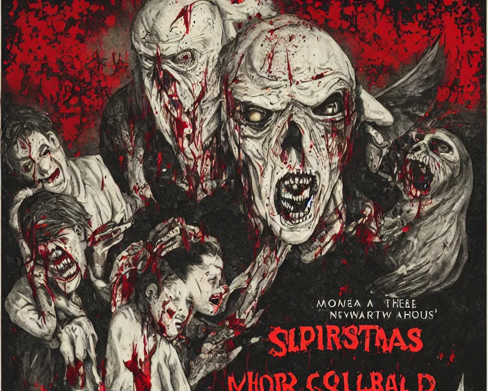 Prompt: a horror movie poster featuring a christmas card with a sinister demon and vultures, covered in blood