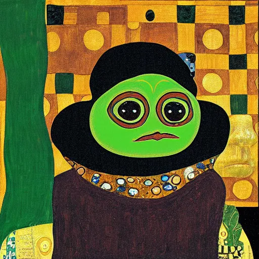 Image similar to pepe the frog in portrait of adele bloch - bauer i by gustav klimt