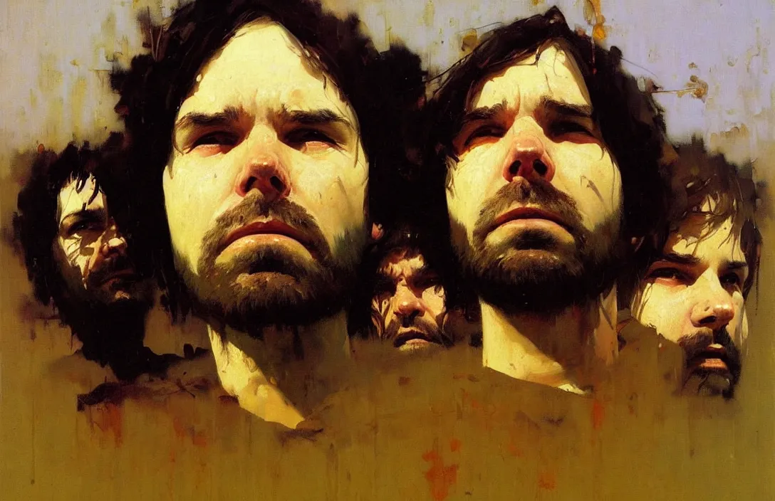 Image similar to portrait of boards of canada!!!!!!!!!!!!!!!!!!!!!!!!!!!, detailed face, detailed painting, epic lighting, by ilya repin, phil hale and kent williams