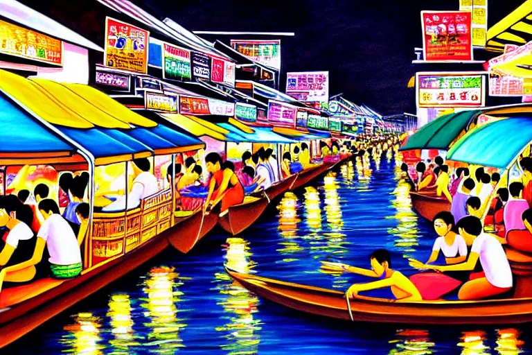 Image similar to detailed painting of Thai river night market, Bangkok, comic style, deep strokes, high quality