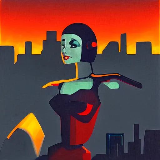 Prompt: “femme 1950s robot, facing a futuristic city, art deco, on canvas, dramatic lighting, clean dark lines, glowing highlights”