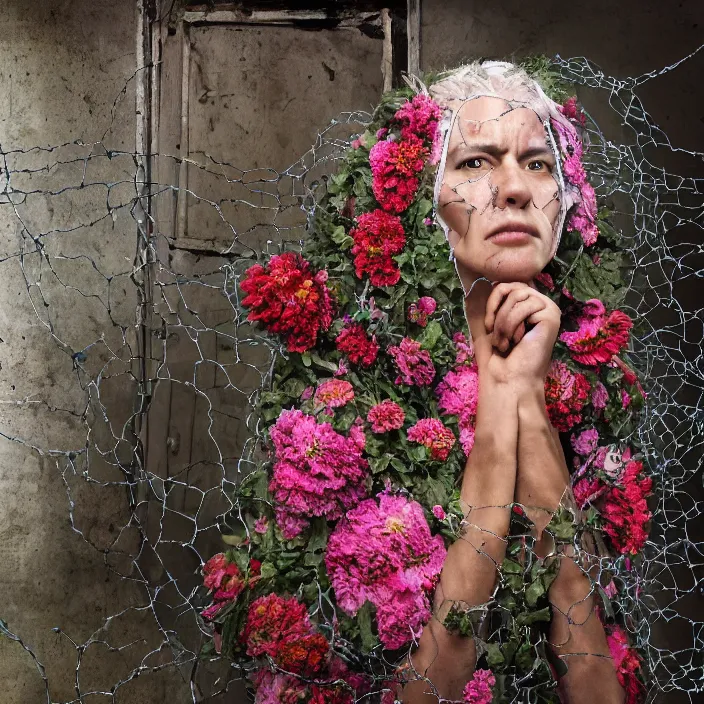 Prompt: a woman wearing a hooded cloak made of zinnias and barbed wire, in a derelict house, by David LaChapelle, natural light, detailed face, CANON Eos C300, ƒ1.8, 35mm, 8K, medium-format print