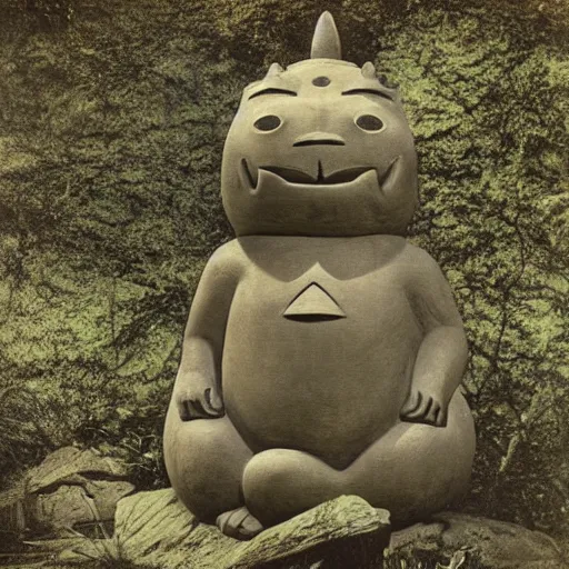 Image similar to vintage photograph of a stone totoro god statue in the deep forest by edward s curtis, realistic, trending on artstation, 4k,