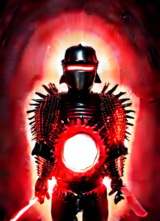 Image similar to a striking cinematic full body manga portrait of a long black haired masked male teenager wearing imposing red jagged spiked plate armour and glowing with raging powerful red energy by hirohiko araki and beeple, fine details, digital art, character concept art, volumetric lighting, cinematic light, photorealistic