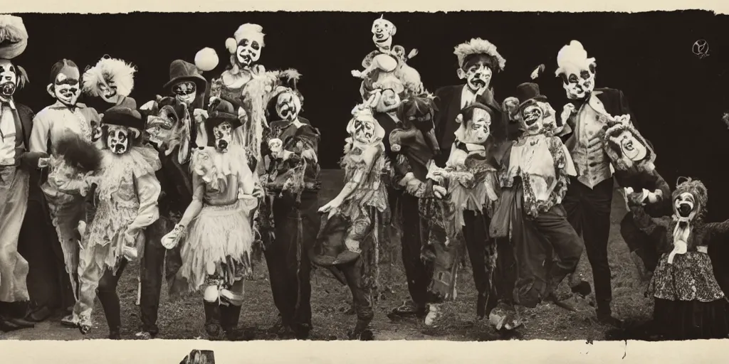 Prompt: creepy circus, 2 0 s, scary clowns, vintage photo. hyper detail. 8 k