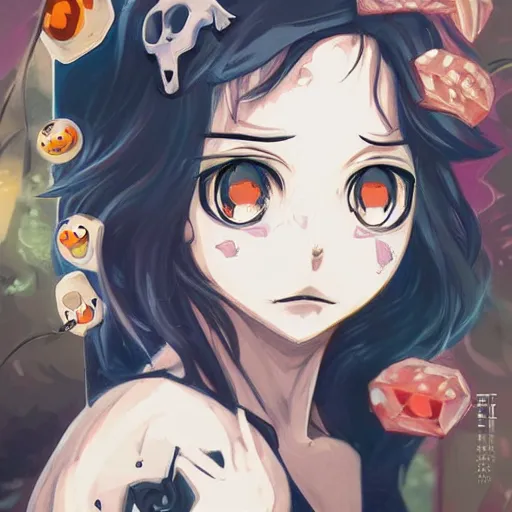 Image similar to anime manga skull portrait young woman skeleton, pokemon, artgerm, painterly, graffiti, key lighting, art by jc leyendecker and sachin teng