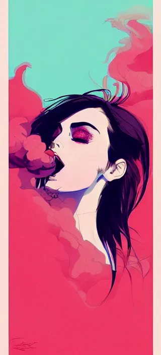 Image similar to lots of swirling, dreamy, thick smoke exhaled from a pretty young woman's open mouth, smoke drifting all around, by conrad roset, dramatic digital art, trending on artstation