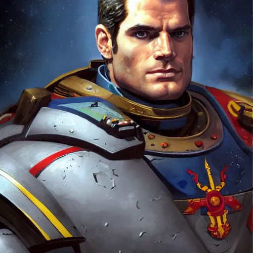 Prompt: Henry Cavill as a Space Marine, closeup character art by Neil Roberts and Marc Lee and Vladimir Krisetskiy and Donato Giancola and Craig Mullins, digital art, trending on artstation