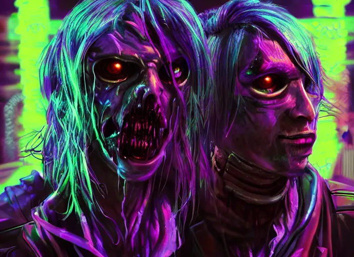 Image similar to neo-futuristic cinematic cyberpunk undead gay zombie men at a neon rave, cyberhorror-punk, stunning, horror art, dark tones, film still, cgsociety, scary, creepy, wow, artstation, 8k, high gloss, Horror, ultra detailed, character art, concept art, DnD art, cinematic detailed, nightmare machine, godmachine, trending on artstation, unreal engine 5 rendering, cinematic, greig fraser cinematography, epic composition