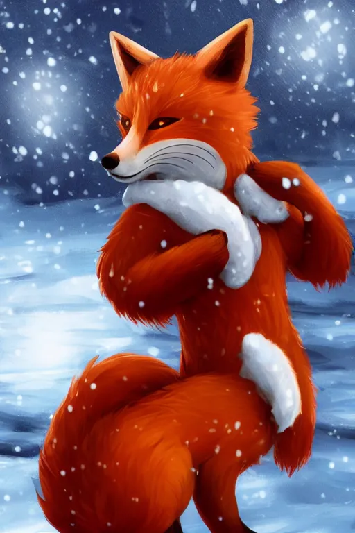 Image similar to an anthropomorphic fox with a fluffy tail wearing a scarf playing in the snow, backlighting, trending on artstation, digital art, furry art, trending on furaffinity