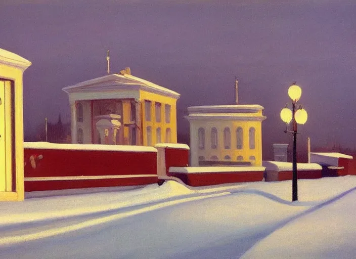 Image similar to a peaceful view of a helsinki on a winter evening, snowfall, cold color scheme, painting by edward hopper