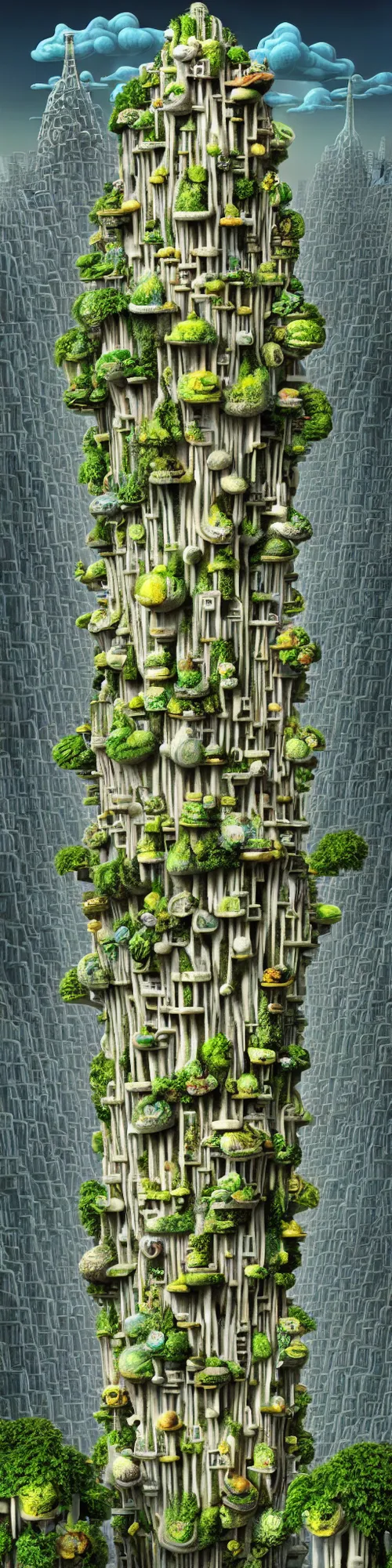 Prompt: living skyscraper made of mycelium and slime, basil wolverton, high detail, lemon tree, cubensis, amanita, studio ghibli, mc escher, picasso, dali, muted colors, cubism, assyrian, octane render