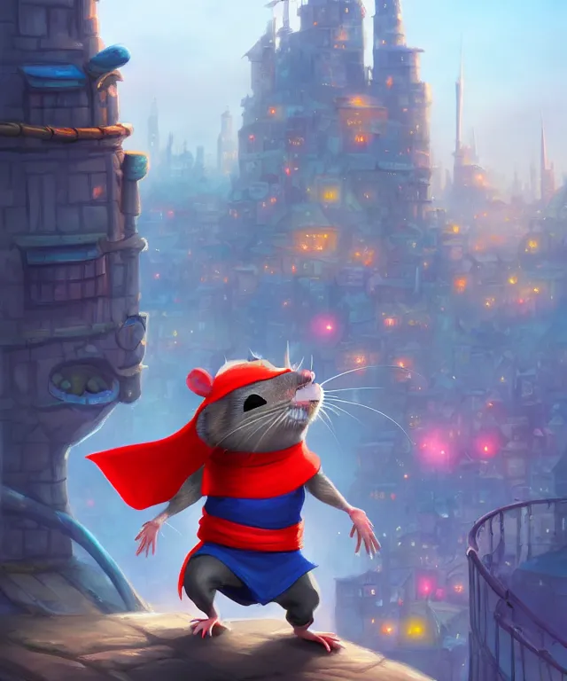 Prompt: an rat ninja, ninja outfit, city in background, in the style of pixar, adorable and whimsical, fantasy, elegant, digital painting, artstation, unreal engine, octane render, concept art, matte, sharp focus, vibrant colors, high contrast, illustration, art by justin gerard