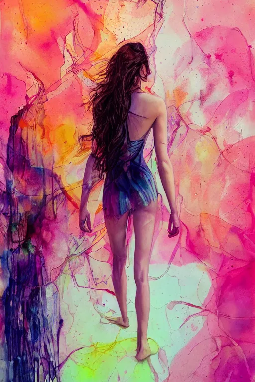 Image similar to gal gadot by agnes cecile enki bilal moebius, intricated details, view 3 / 4 back, full body portrait, extremely luminous bright design, pastel colours, drips, autumn lights