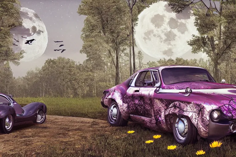 Prompt: cars, forest, moon, snakes, flowers, gothic style, 8k, ultra detailed