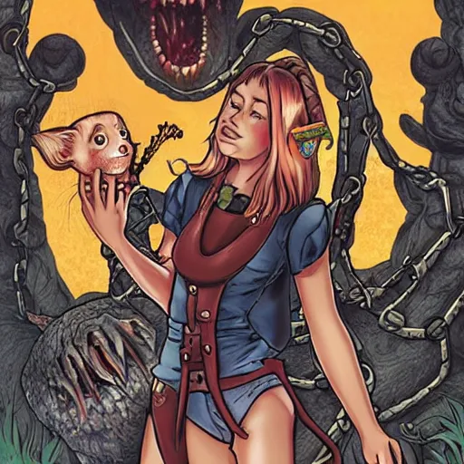 Prompt: perfect young woman holds her horrifying monster pet by chain, comic book cover