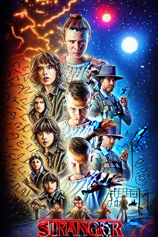 Prompt: “brand new movie poster for the next new season of stranger things, 2024, hyperrealistic, super detailed, digital art”